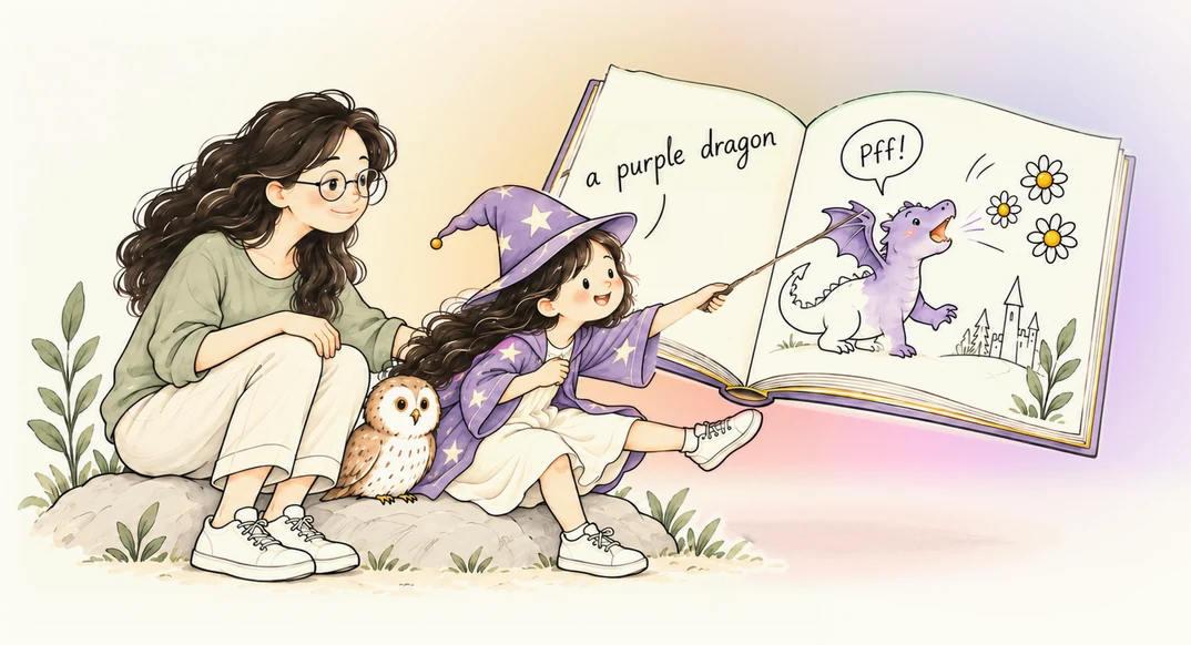 A girl leans forward with her wand and says “a purple dragon” toward a floating book. Her mother, in sage green, watches beside her. Pencil outlines become Bumble the purple dragon breathing flowers, with a few small sparks around the book.