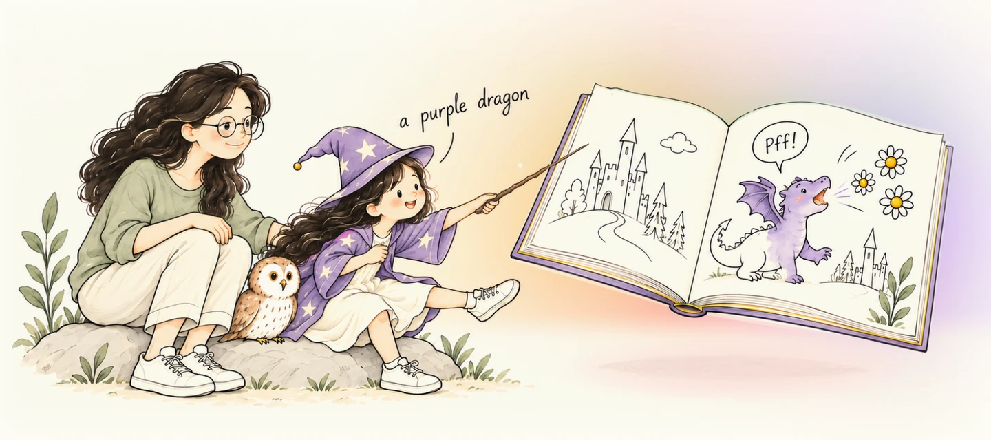 A girl leans forward with her wand and says “a purple dragon” toward a floating book. Her mother, in sage green, watches beside her. Pencil outlines become Bumble the purple dragon breathing flowers, with a few small sparks around the book.